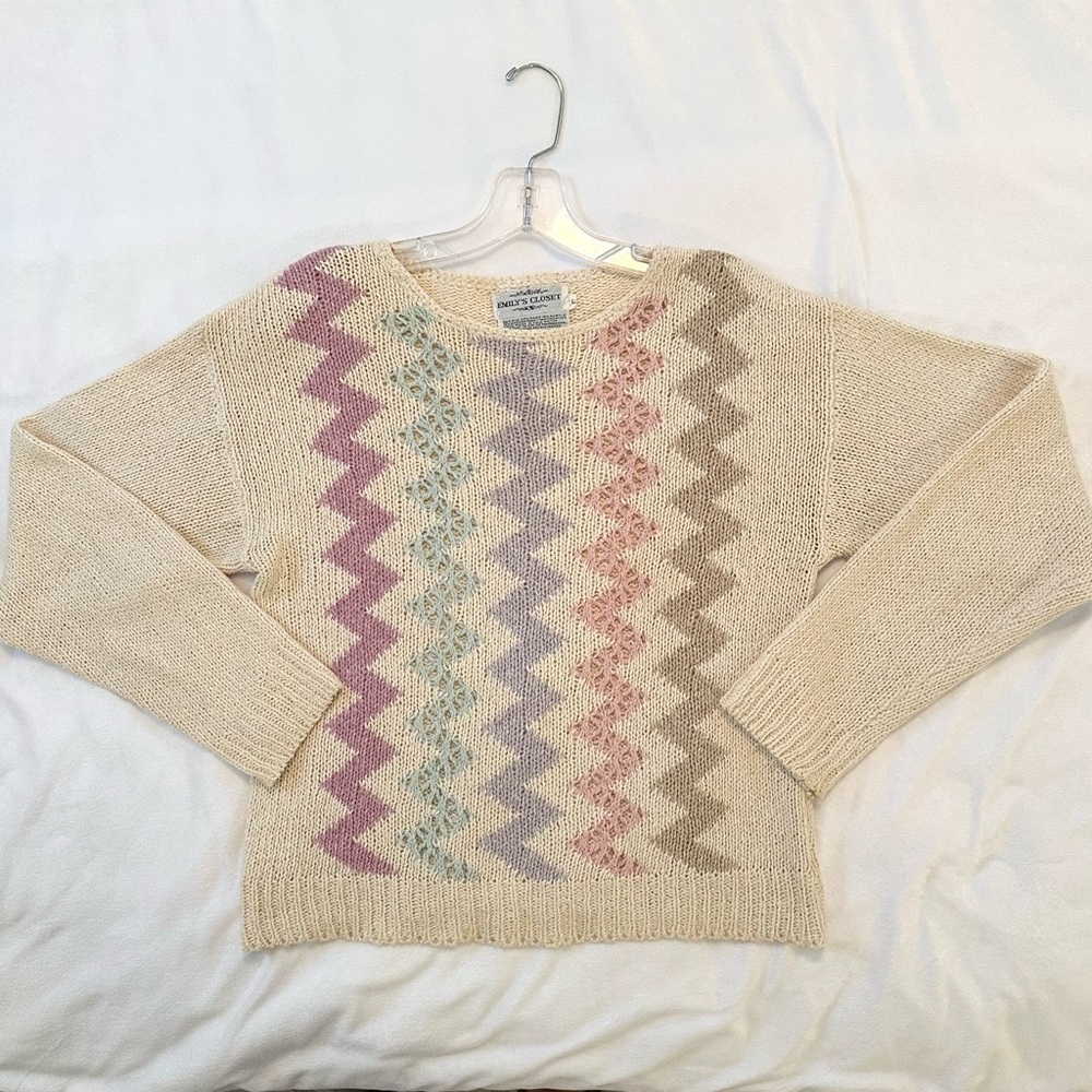 Vintage Emily’s Closet Silk & Angora Blend Zig Zag Sweater Women’s L cream beige